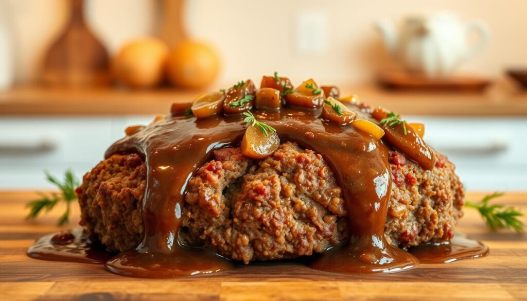 Savory meatloaf with caramelized onion gravy