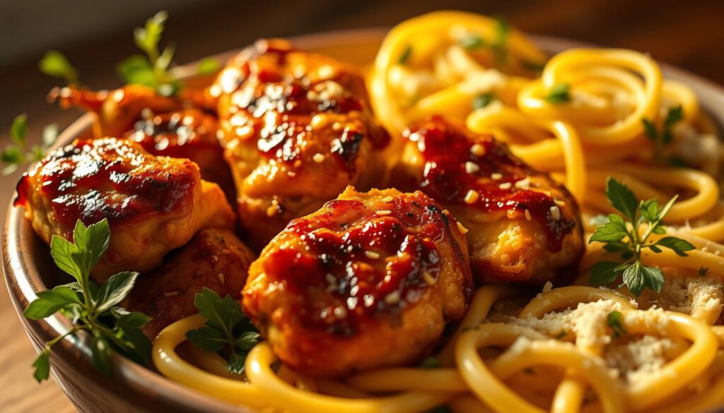garlic butter chicken bites with creamy parmesan pasta